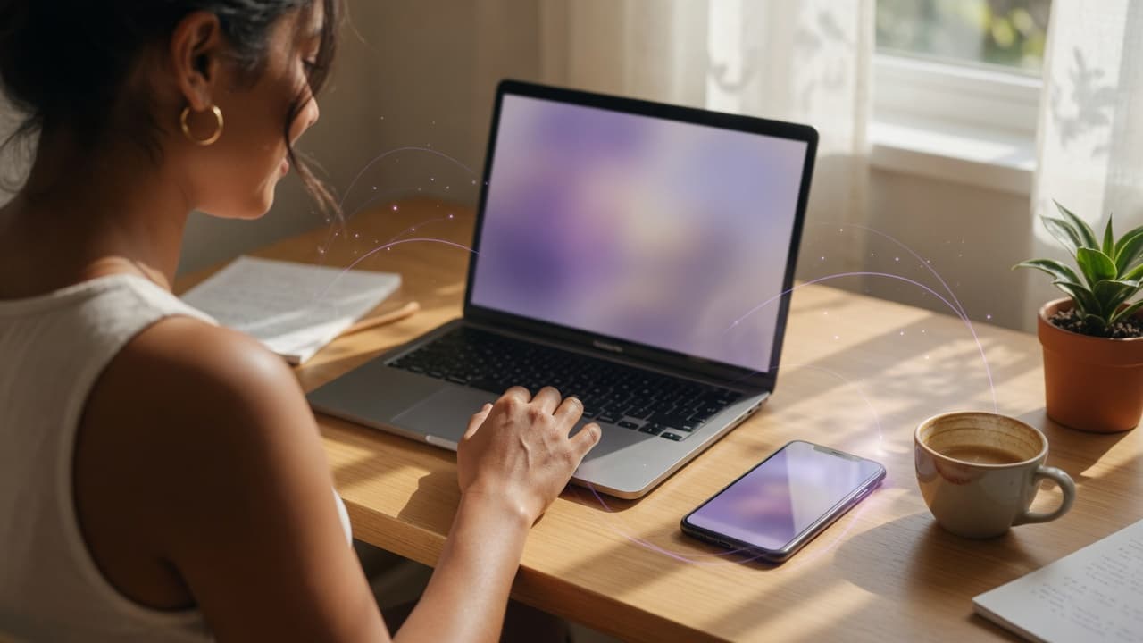 Person at a desk with laptop and phone quietly staying in sync