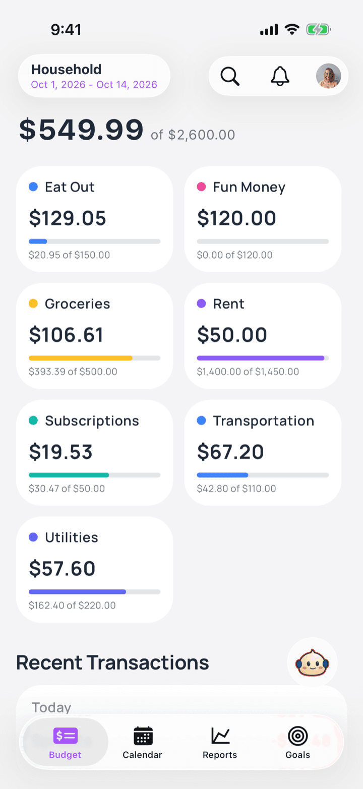 Budgey budget screen showing $549.99 left of $2,600.00 this pay period, with categories like Groceries, Rent, and Subscriptions