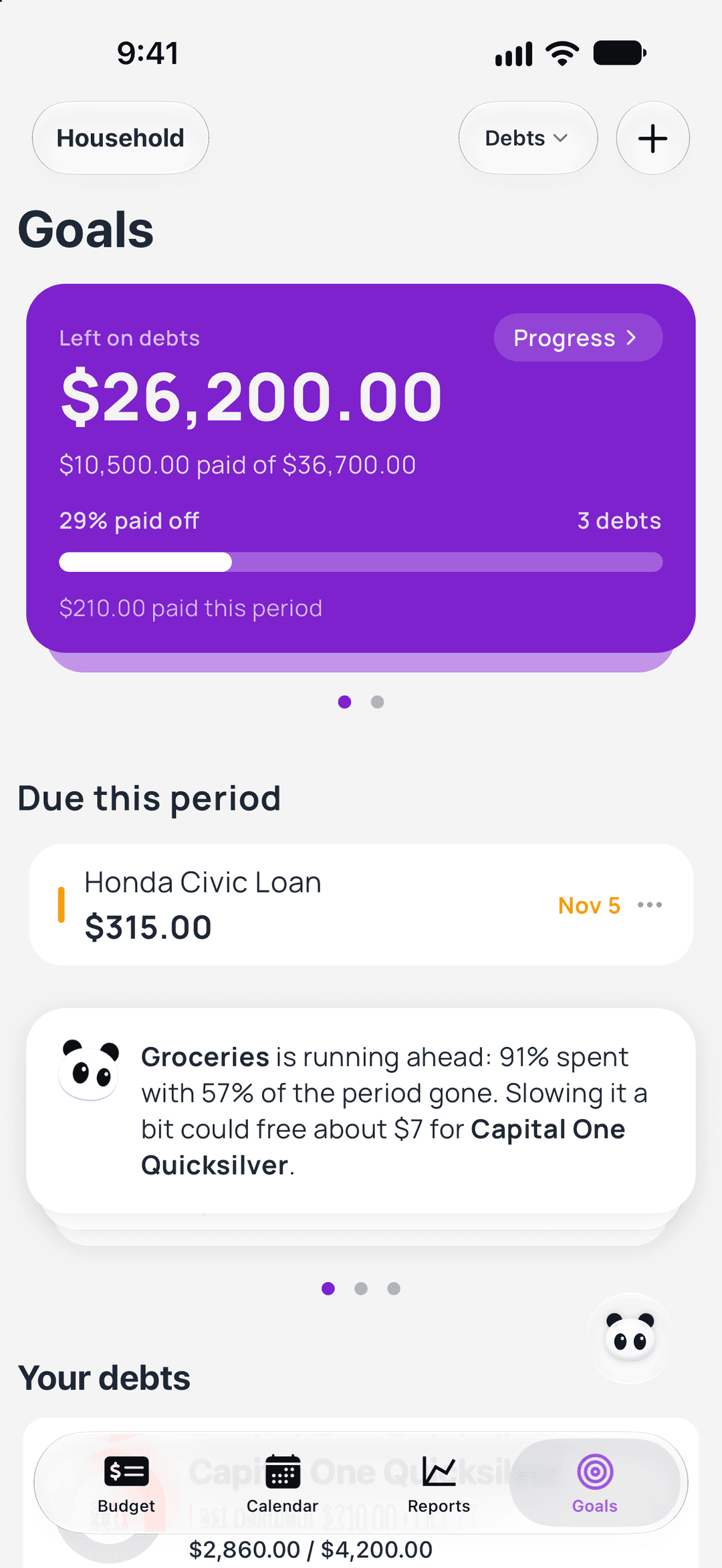 Budgey debt payoff plan with $26,200.00 left on 3 debts, 29% paid off, and a loan payment due this pay period
