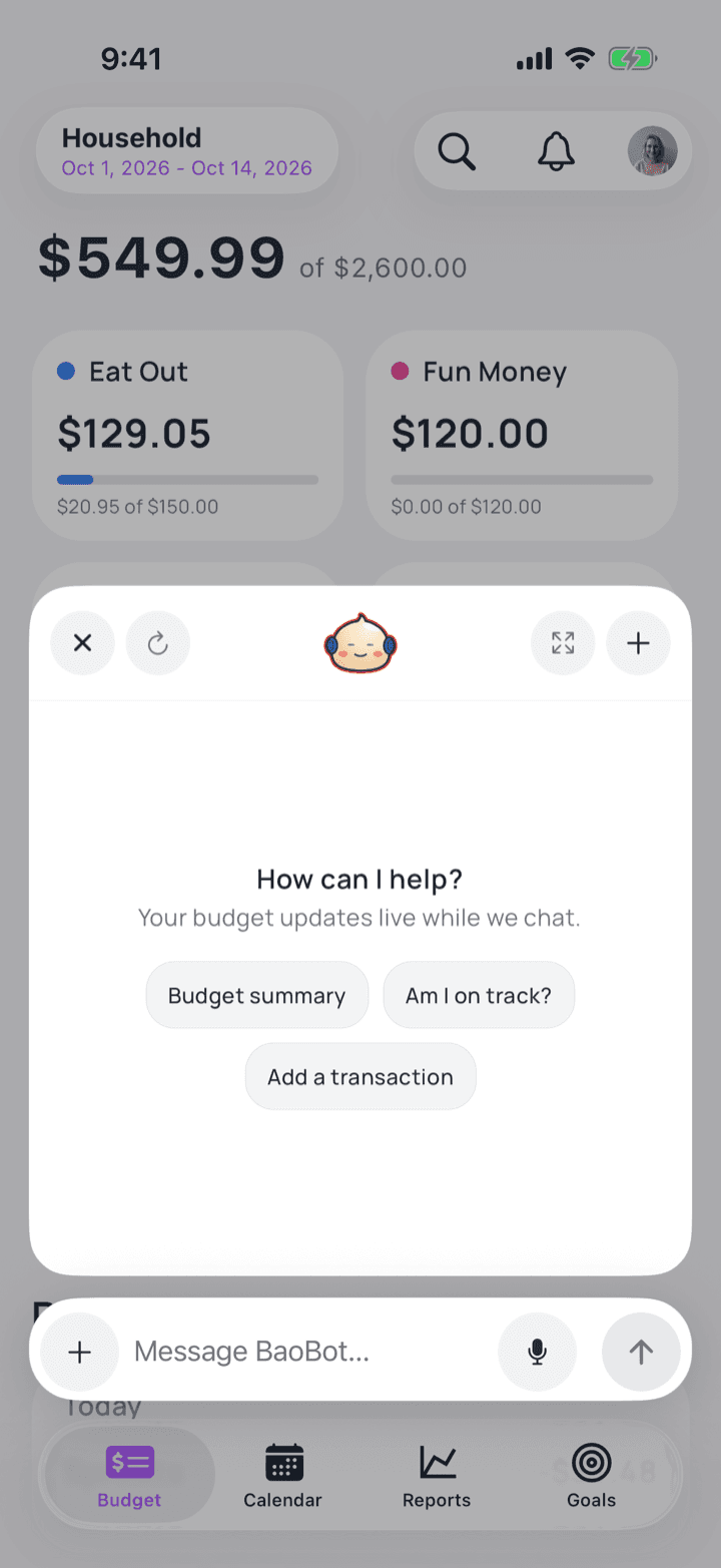 Budgey chat open over a Budgey budget, offering a budget summary, an on-track check, or adding a transaction