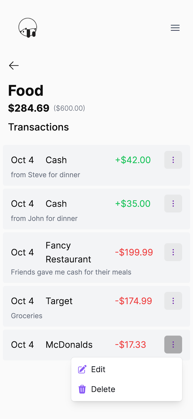 Transactions detailed view